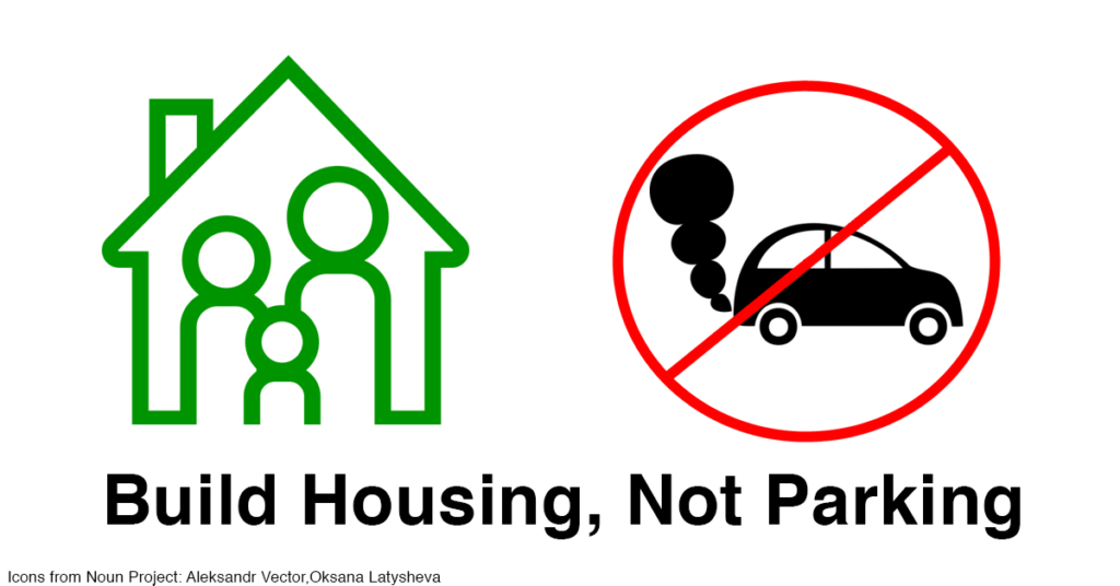 Green line drawing of a house and icon of black car belching exhaust inside a red circle with a line through it. Text says: Build Housing, Not Parking