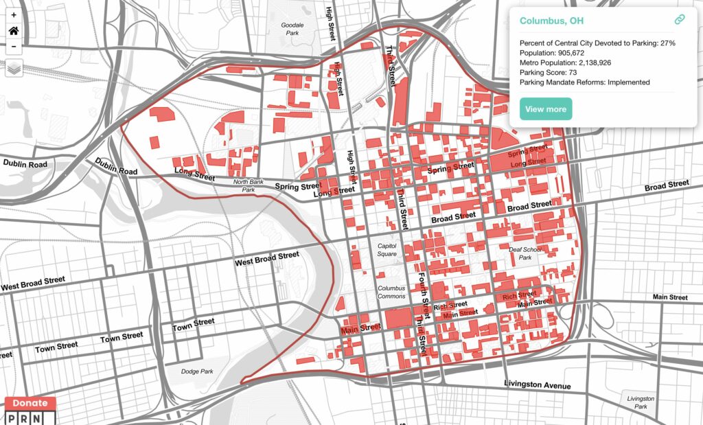 A screenshot of the parking lot map. Featured is the city of Columbus, OH which has a LOT of parking lots in the central city. for a population of 905K 27% of the central city is devoted to car parking.