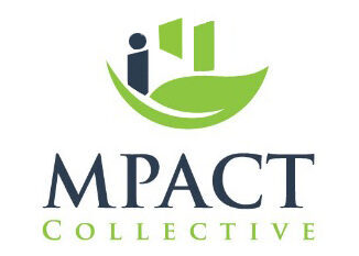 MPACT collective logo: At the top there ir a logo that resembles a person, a city and a green leaf. MPACT appears in gray uppercase letters and Collective in green ones. 