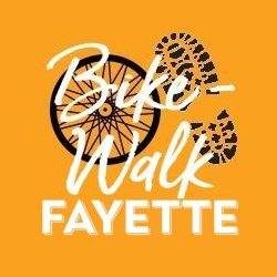 Bike-Walk Fayette Logo, orange square with the letters on white. On the back, in black color, a bicycle wheel and a footprint of a combat boot. 