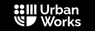 Logo of Urban works, black background with white text, with a geometric logo that looks like shields