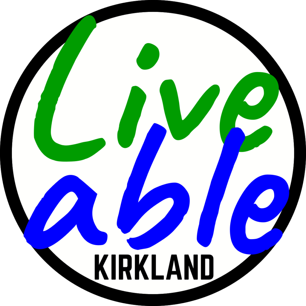Liveable Kirkland's logo: White background, word live in green color, able in blue, both on italics and Kirkland in big bold blue letters. 