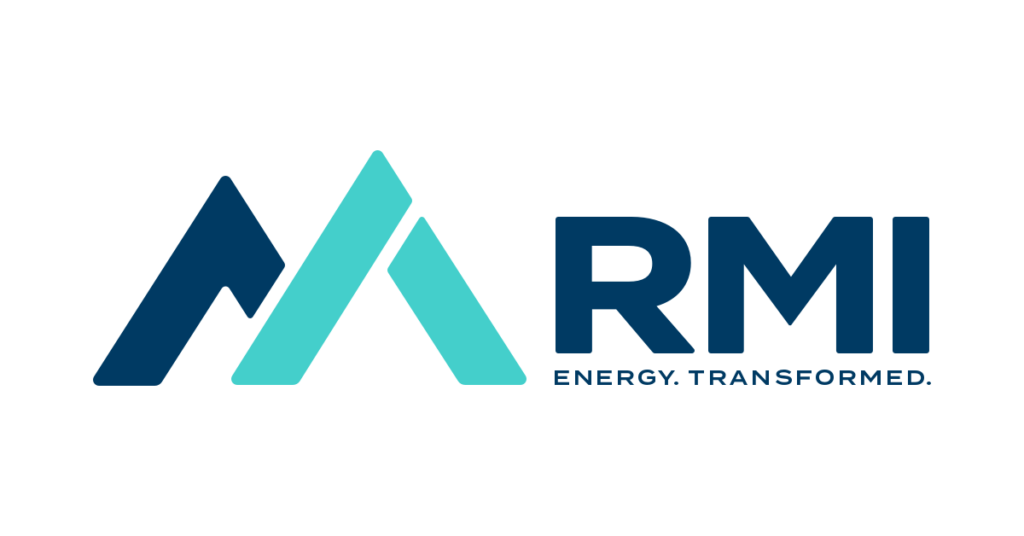 RMI logo; an M shaped symbol, with two types of blue color, followed by the initials RMI in bold and the legend "energy transformed" below. 