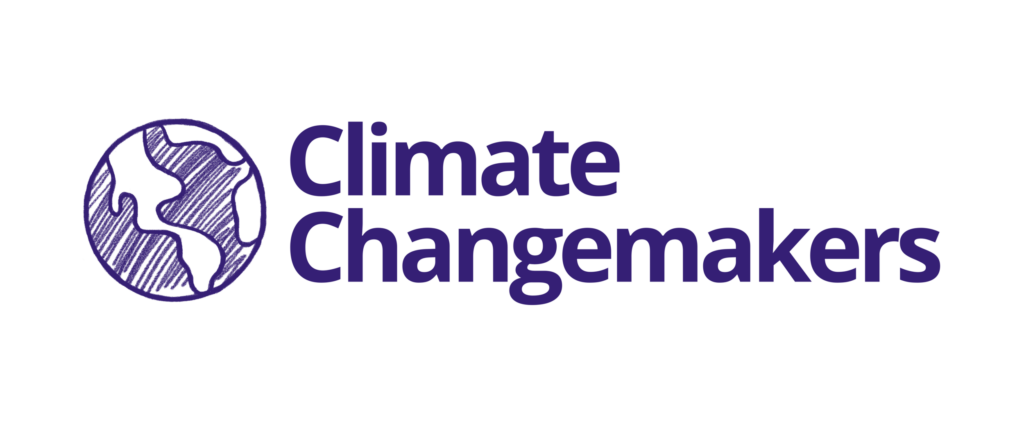 Climate Changemakers' logo: All in purple, at the left we have a drawing of the planet, the see is colored in purple and america is in white with purple contorned. The name is at the right and it is in purple typography.