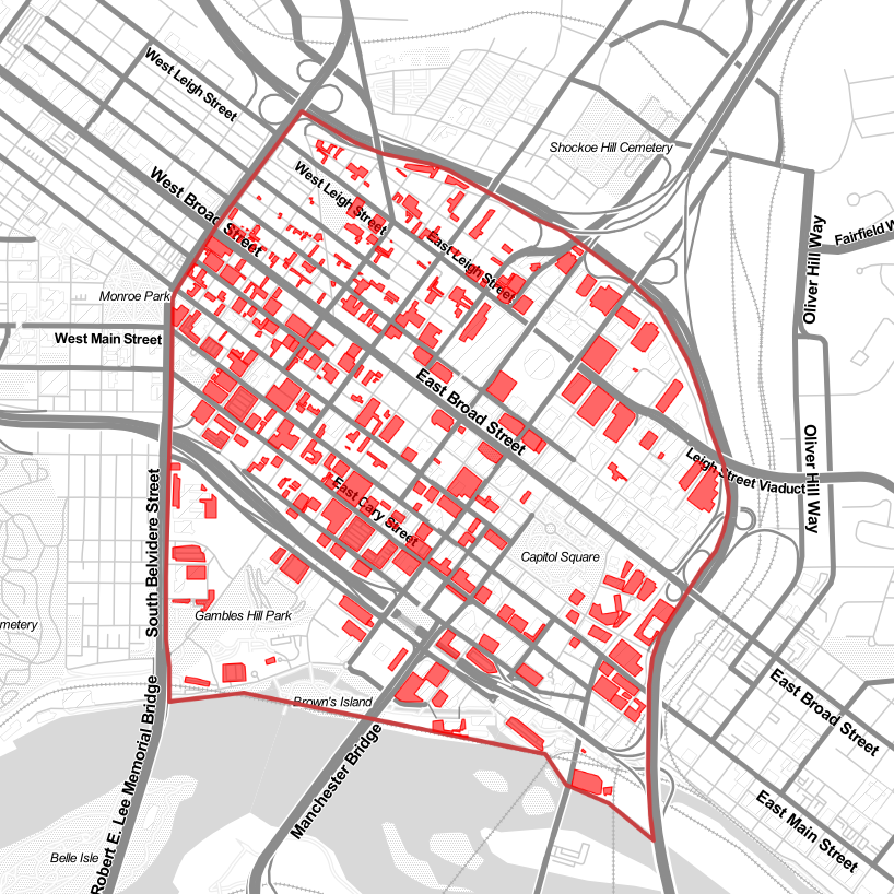 Map of Richmond, Virginia, illustrating how much land in the central area is dedicated to parking (21%)