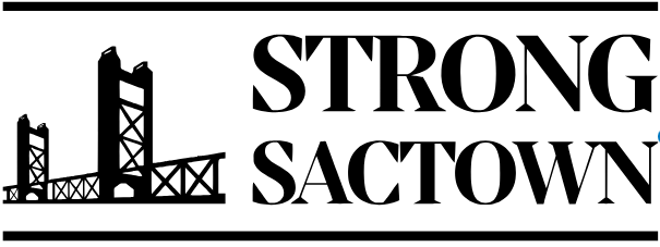 Strong SacTown's Logo; it has the tower bridge on the left side and the name in strong bold typography on the right side. 