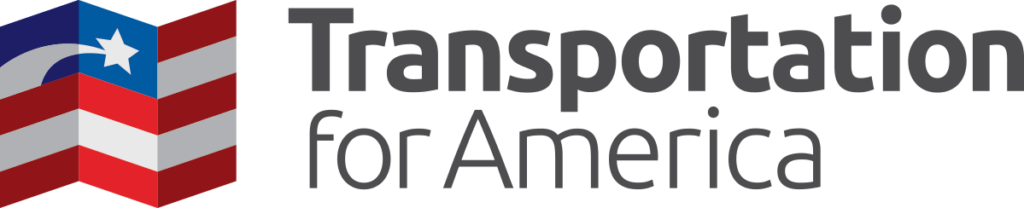 Transportation for America Logo: United states flag at the left side, but instead of having. ablue backgrown with white stars, it is. a blue background  with a white road and a white star at the end. 