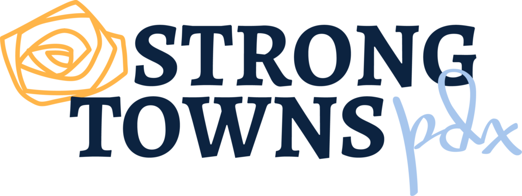 Strong Towns Portland Logo: Two lines, on the first one we have a doddle drowing resembeling a flower in yellow color; following by the word Strong in upper case and in a strong bold typography. Second line (down)the word Towns in the same typography. Both are in blue color. Next, the letters pdx in lower case in a cursive typography in a lighter blue. 