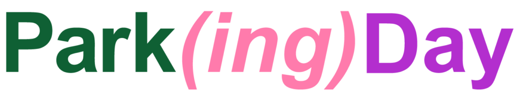 Park (ing) Day logo; Whole word in Arial bold, Park is in hard green, ing is in pink color and day is on purple