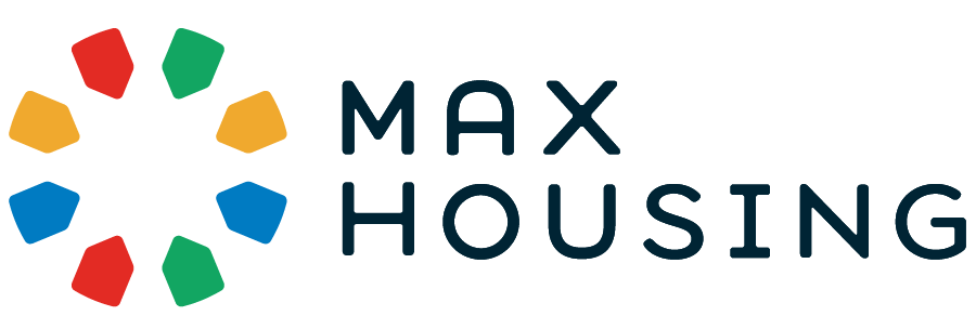 Max Housing Logo: eight tags of alternate colors (red, yellow, blue and green) in a circle. They ook like a flower. Max Housing is besides on a soft typography.