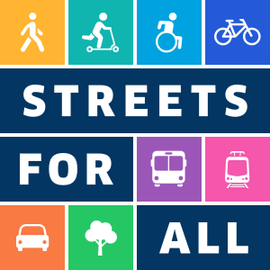 Streets for All logo: Square divided by 4 rows. On the first one we have a 4 squares. First tiny square has a person walking on a yellow background, next one has a kid on a skooter with a blue aqua background, following one is a person on a weelchair with light blue background, and the last one from this row is a bike with blue background. Next row is occupied by the word Streets in white typography and dark blue background. Next row, half of it is the word For and the next two tiny squares are filled with a bus and a train, with purple and pink backgrounds. Last row has. acar with range background, a tree with green background and the last two spaces are used by the word all. 