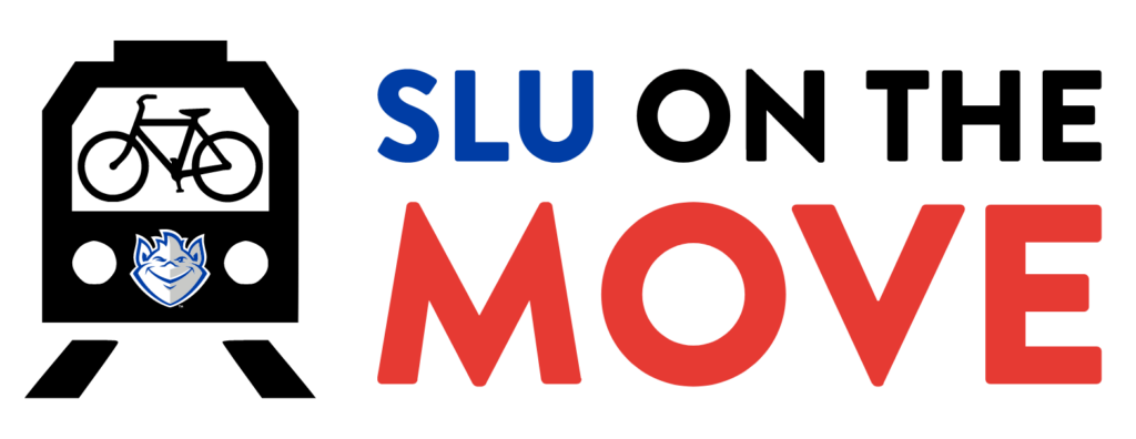 SLU on the Move logo: Shadow of a train carriage from the front, in the window there is a shadow of a bike. On the right we see SLU in blue upper case, followed by On the in black ones and below those three words, we have the word MOVE in red upper case. 